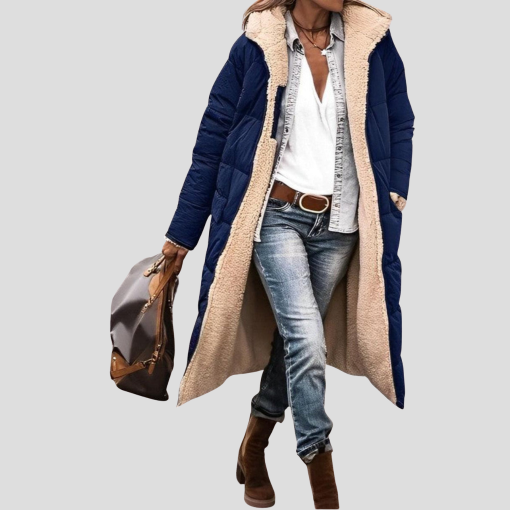 Cozy hooded long winter coat for women, perfect for ultimate warmth & protection in cold weather.