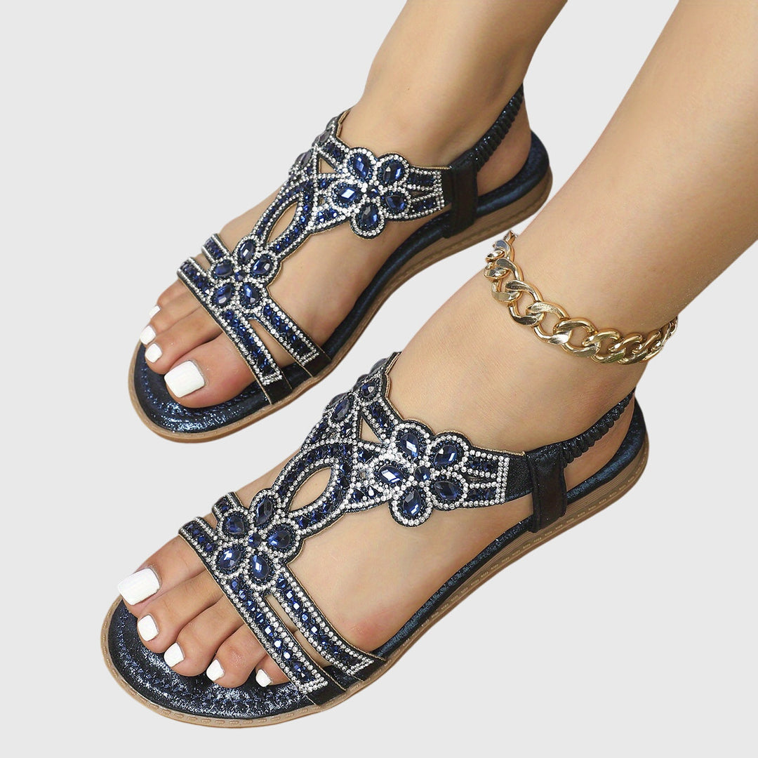 Rhinestone embellished flat sandals, women's comfortable resort wear.