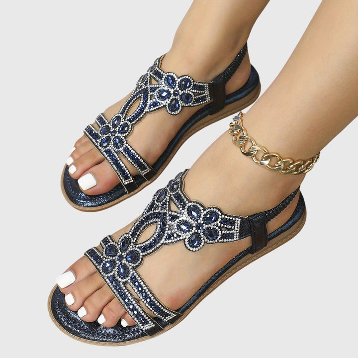 Shimmering rhinestone flat sandals, women's slip-on comfort.