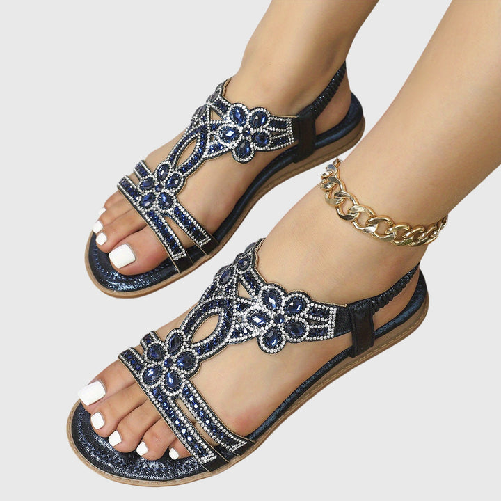 Women's flat sandals, boho style with glamorous rhinestone accents.