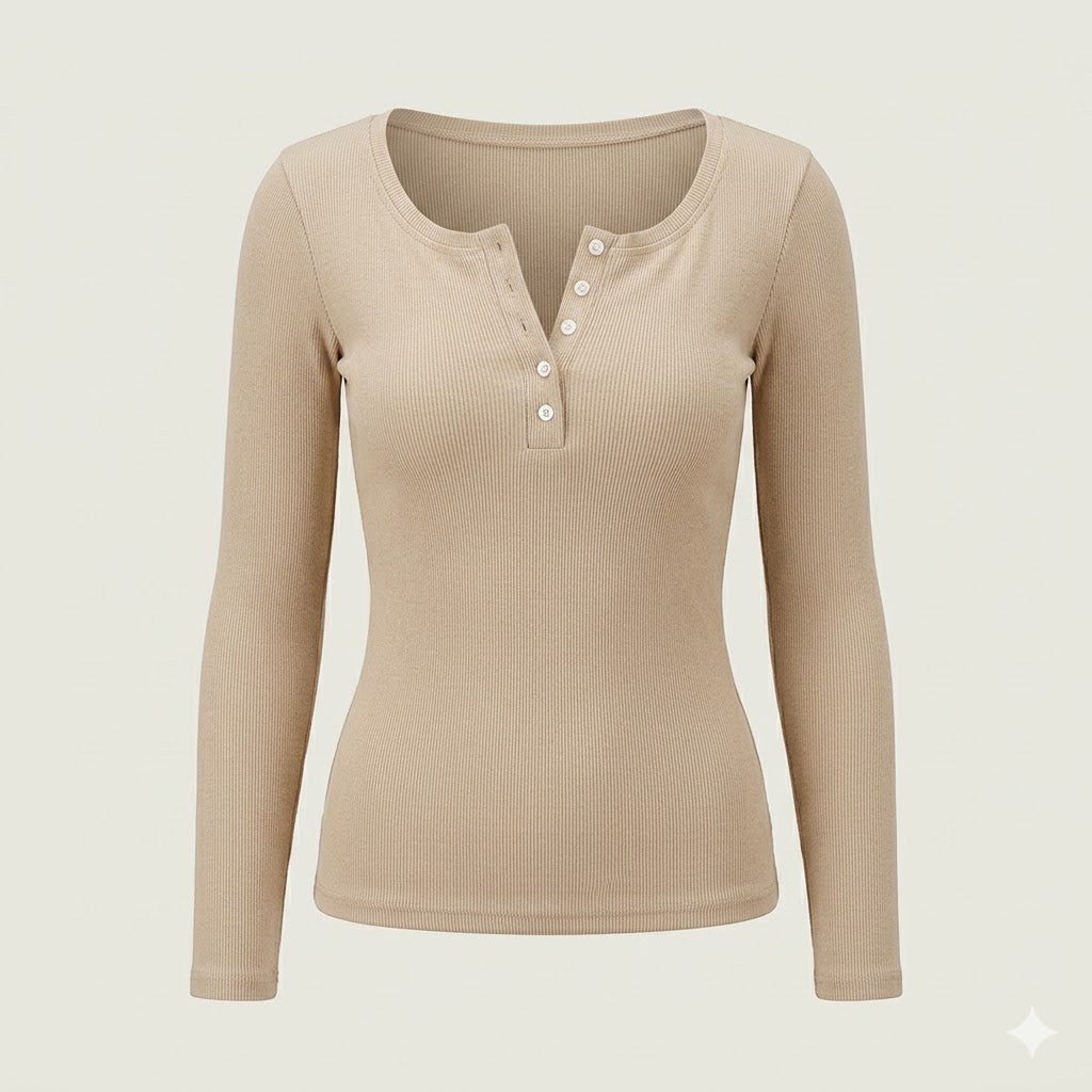 Slim fit ribbed long sleeve top for women with chic button front, stretchy and comfortable for everyday style.