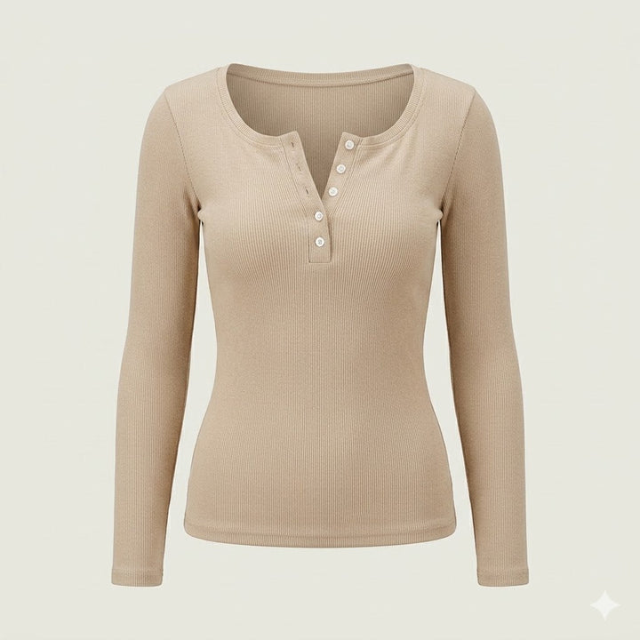 Slim fit ribbed long sleeve top for women with chic button front, stretchy and comfortable for everyday style.