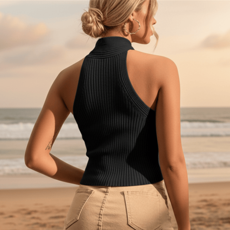 Stylish women's ribbed criss-cross halter crop top. Versatile summer sleeveless top for casual or vacation.