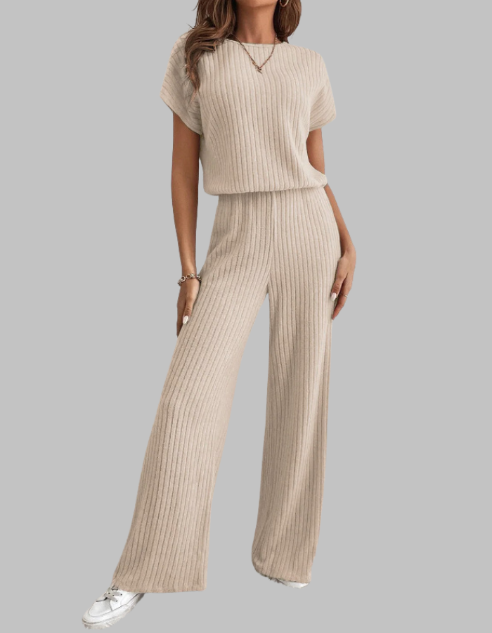 Women's ribbed two-piece set, featuring a short sleeve top and comfortable wide leg pants for casual wear.