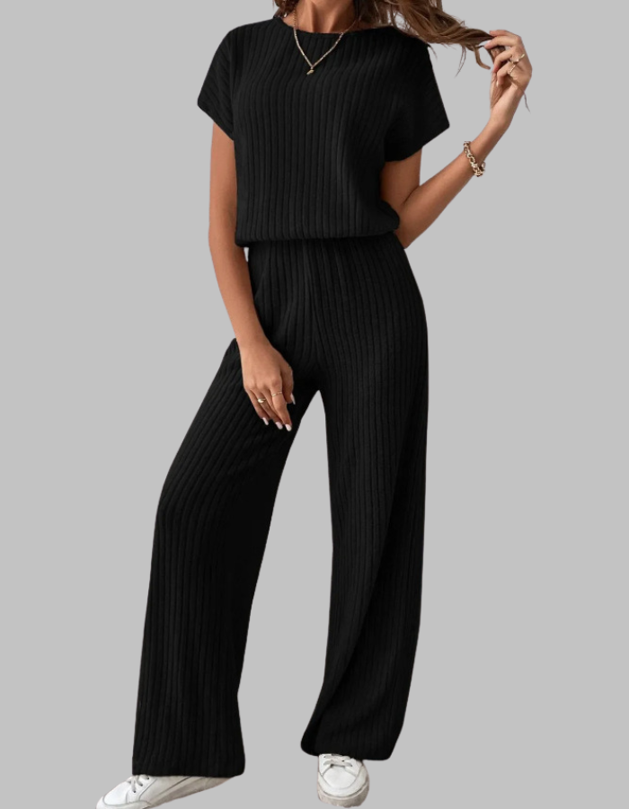 Womens casual ribbed two-piece outfit: short sleeve top paired with stylish wide leg pants for summer comfort.