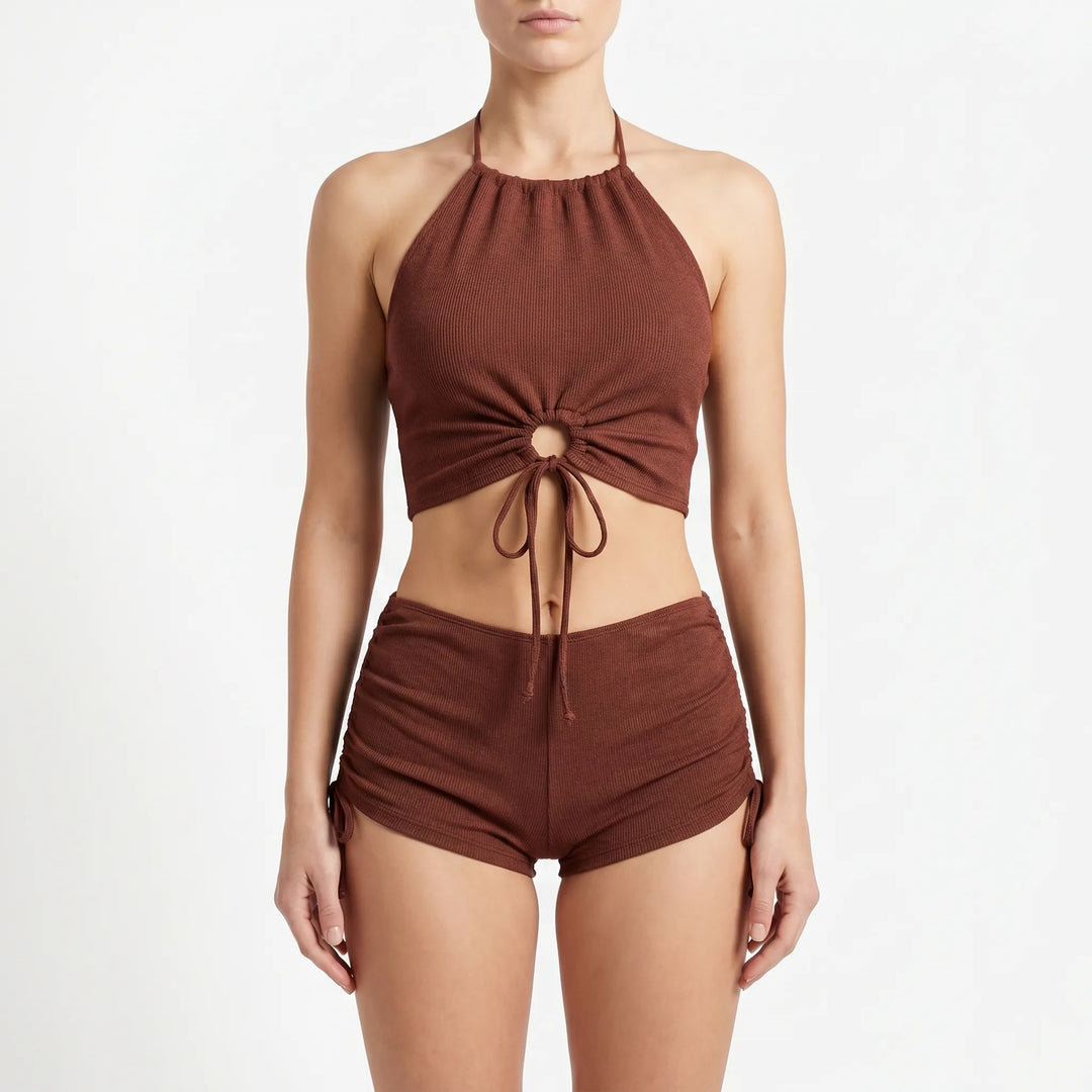 Chic women's ribbed two-piece swim set, an adjustable halter tankini perfect for summer fashion and beach.