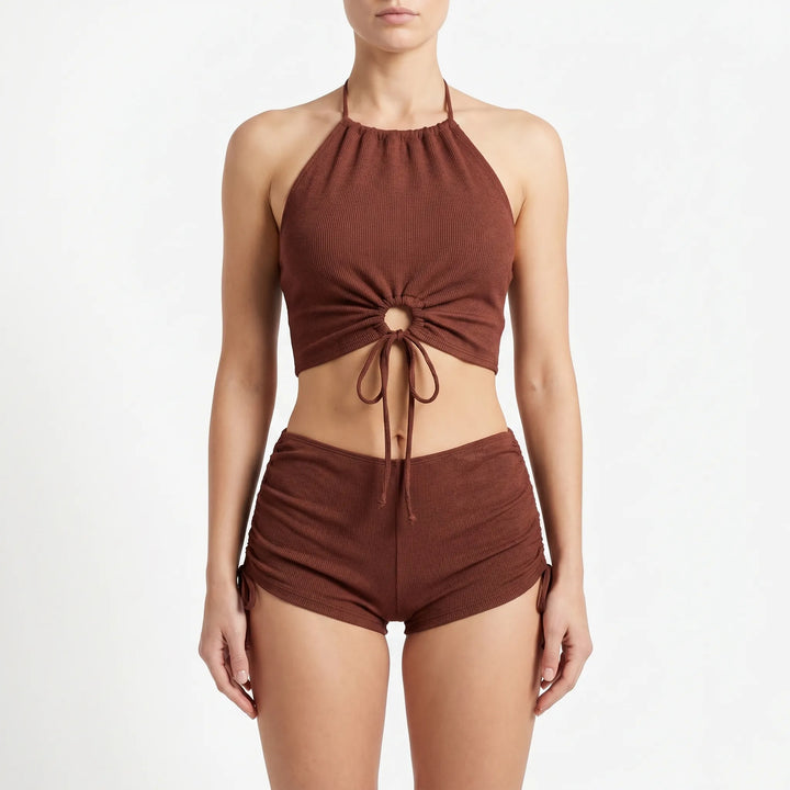 Chic women's ribbed two-piece swim set, an adjustable halter tankini perfect for summer fashion and beach.