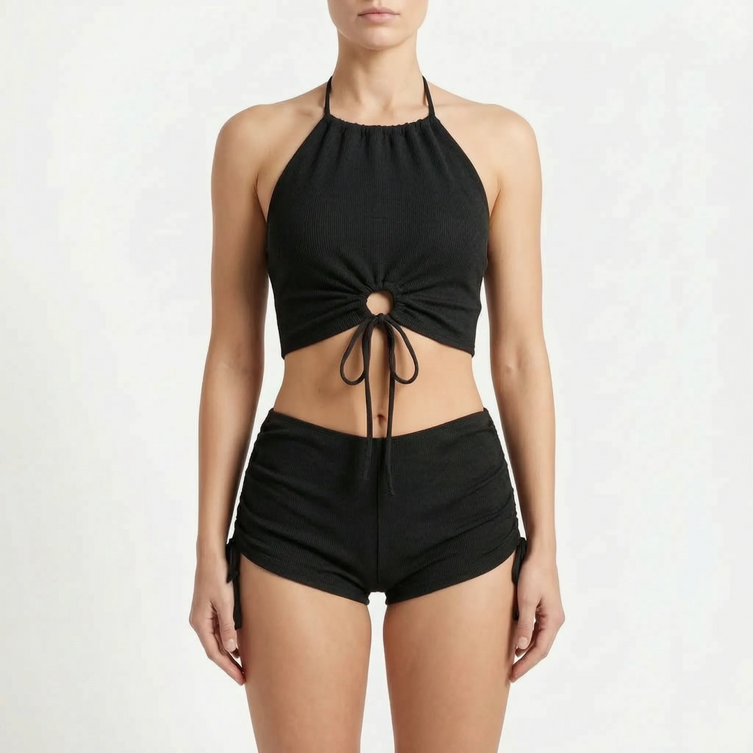 Comfortable, adjustable ribbed halter tankini two-piece swimsuit set for women's summer beachwear.