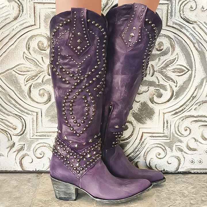 Women's Riloh orthopedic knee-high boots with mid-block heel, pointed toe & side zipper for stylish comfort.