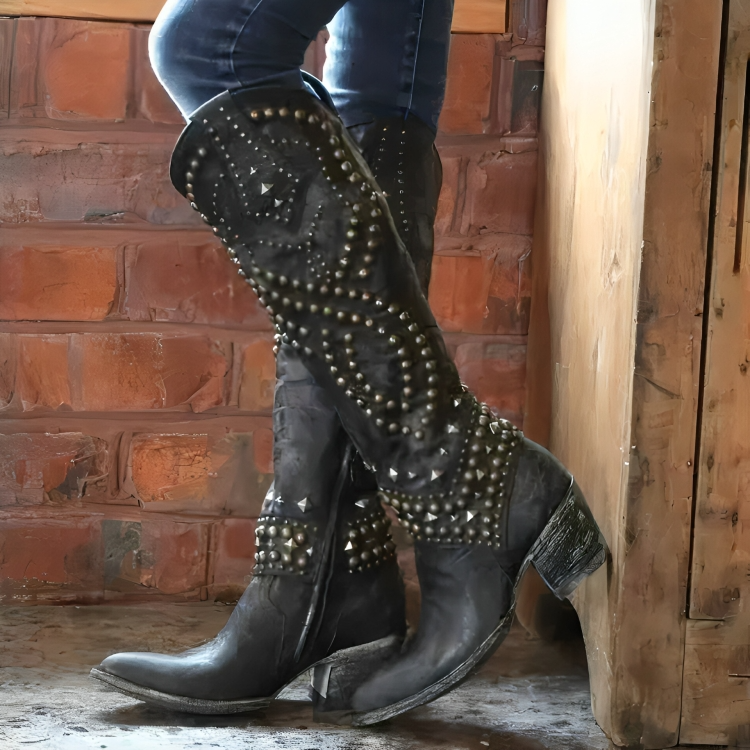 Stylish Riloh women's knee-high boots with pointed toe, comfortable orthopedic design & mid-block heel. Daily wear.