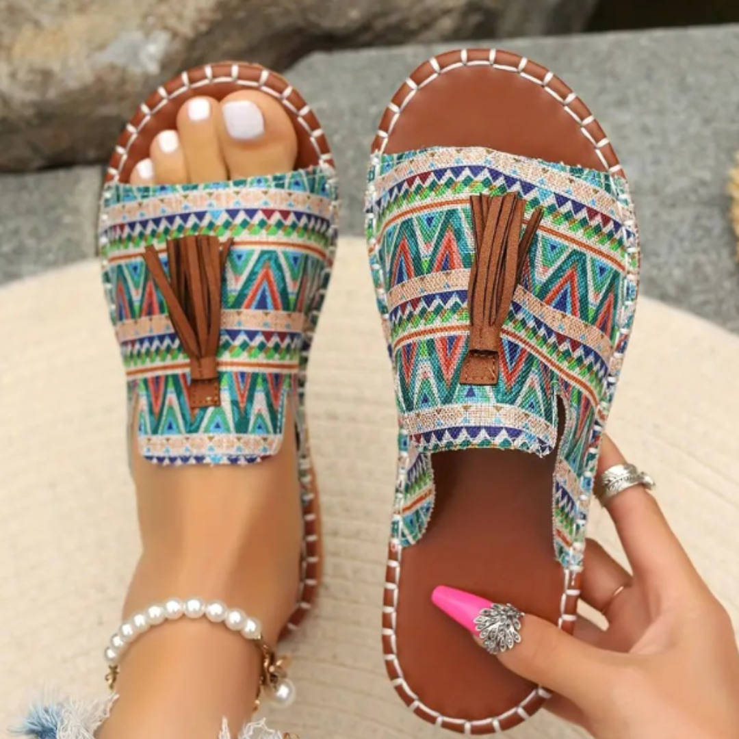 Detail of vibrant straps on women's Robin Comfort Flat Sandals, perfect casual summer footwear.