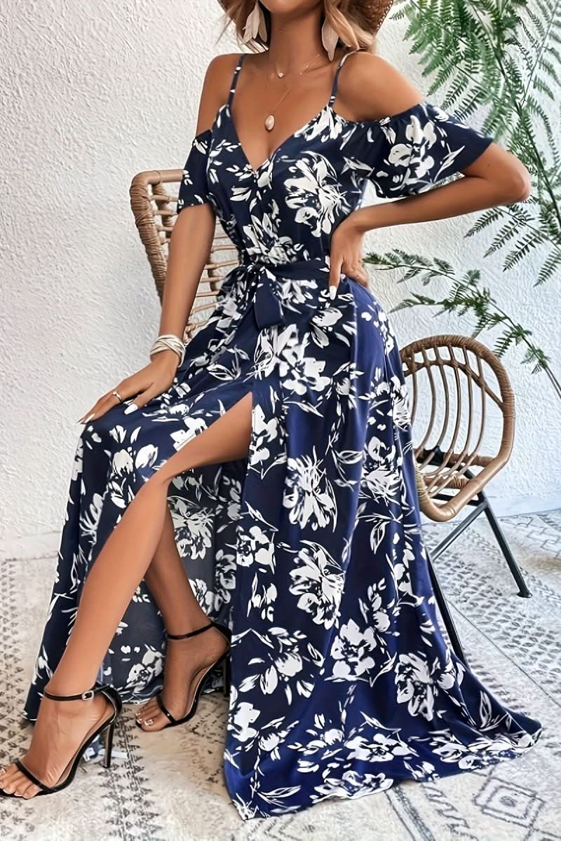 Women's romantic cold shoulder maxi dress for elegant evening occasions.