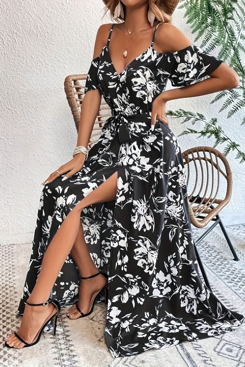Flowy summer cold shoulder maxi dress, ideal for romantic evenings and formal events.
