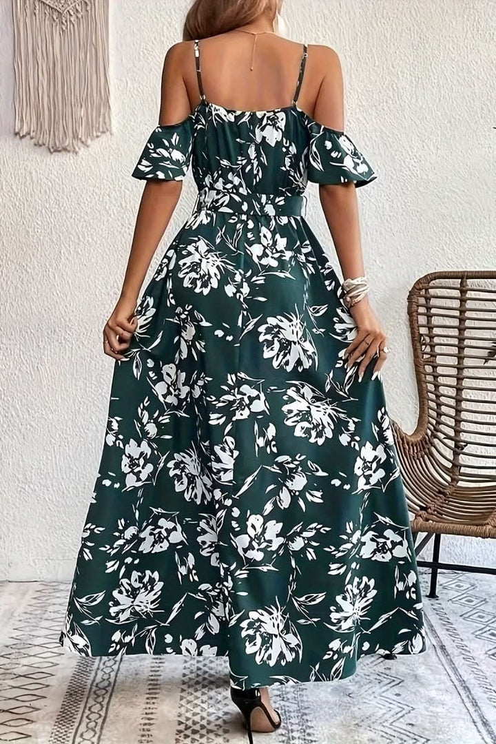 Romantic women's cold shoulder maxi dress, a chic summer evening dress for special occasions.