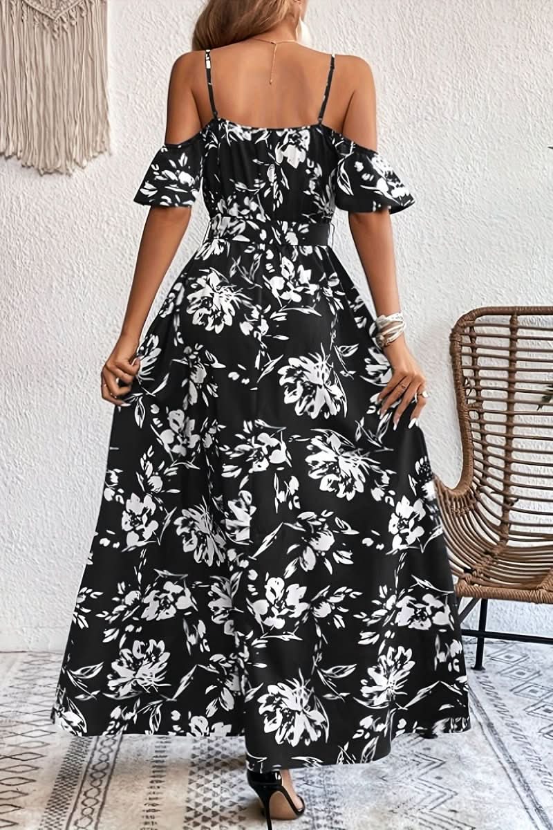 Chic cold shoulder maxi dress with elegant flow, perfect for formal events and wedding guest attire.