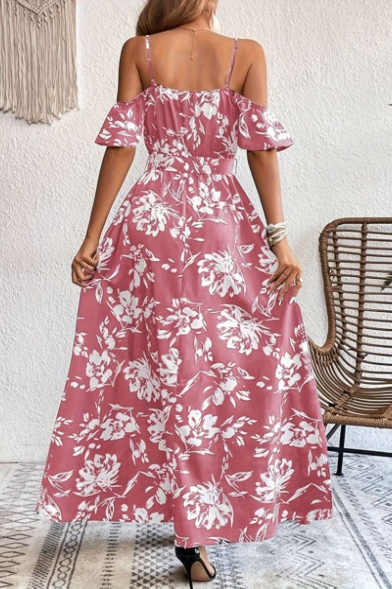 Elegant women's cold shoulder maxi dress, ideal for formal parties, summer events, & wedding guests.