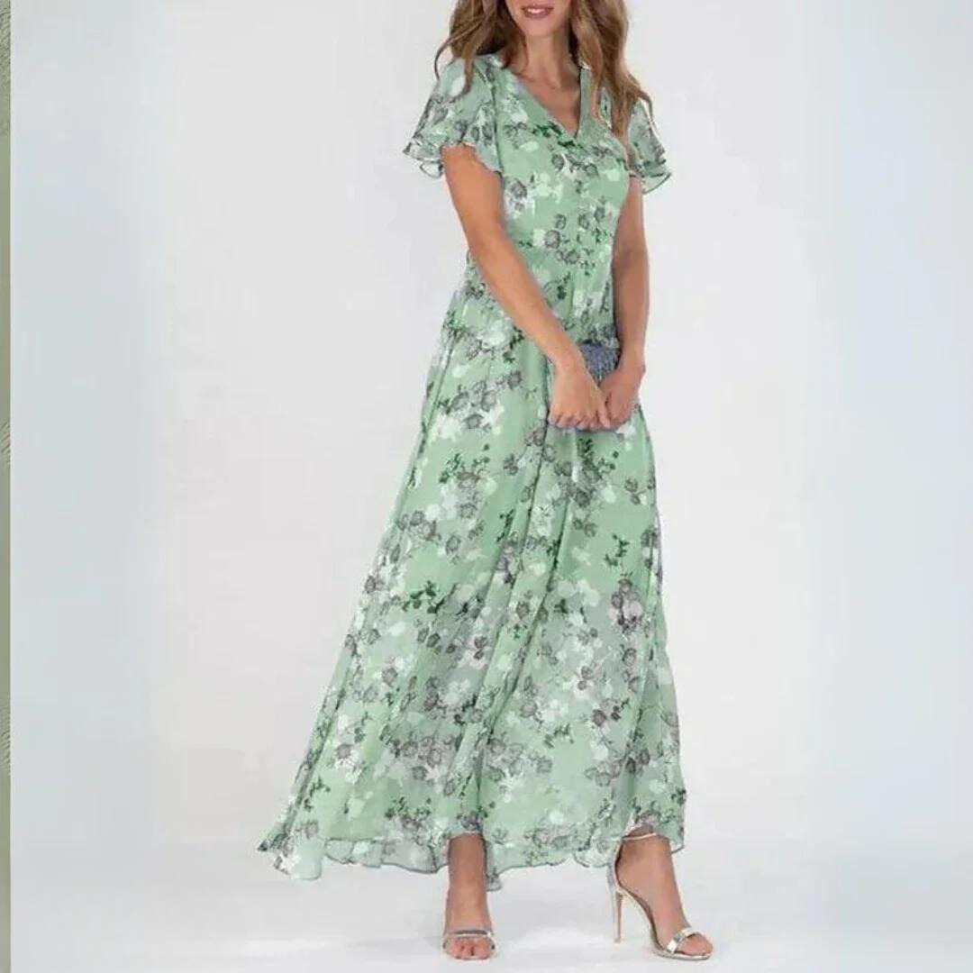 Feminine women's romantic floral maxi dress, boasting flowy design & flutter sleeves for a charming, elegant look.