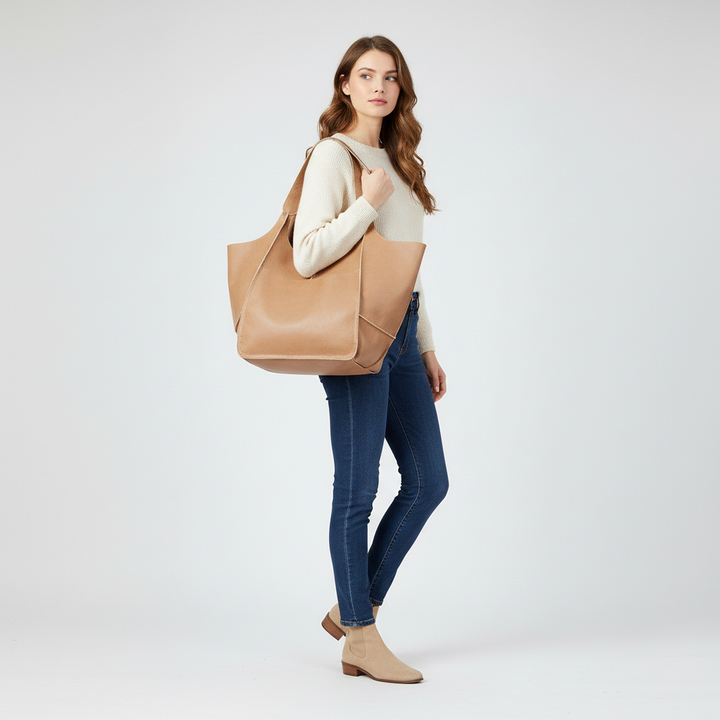 Spacious vegan leather tote bag for women, perfect as a work bag & fits laptops.