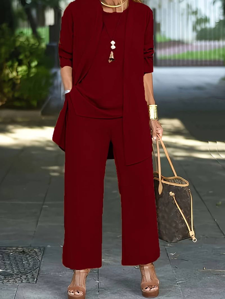 Women's round neck long sleeve 3-piece matching set. Comfortable wide-leg lounge wear for versatile casual style.