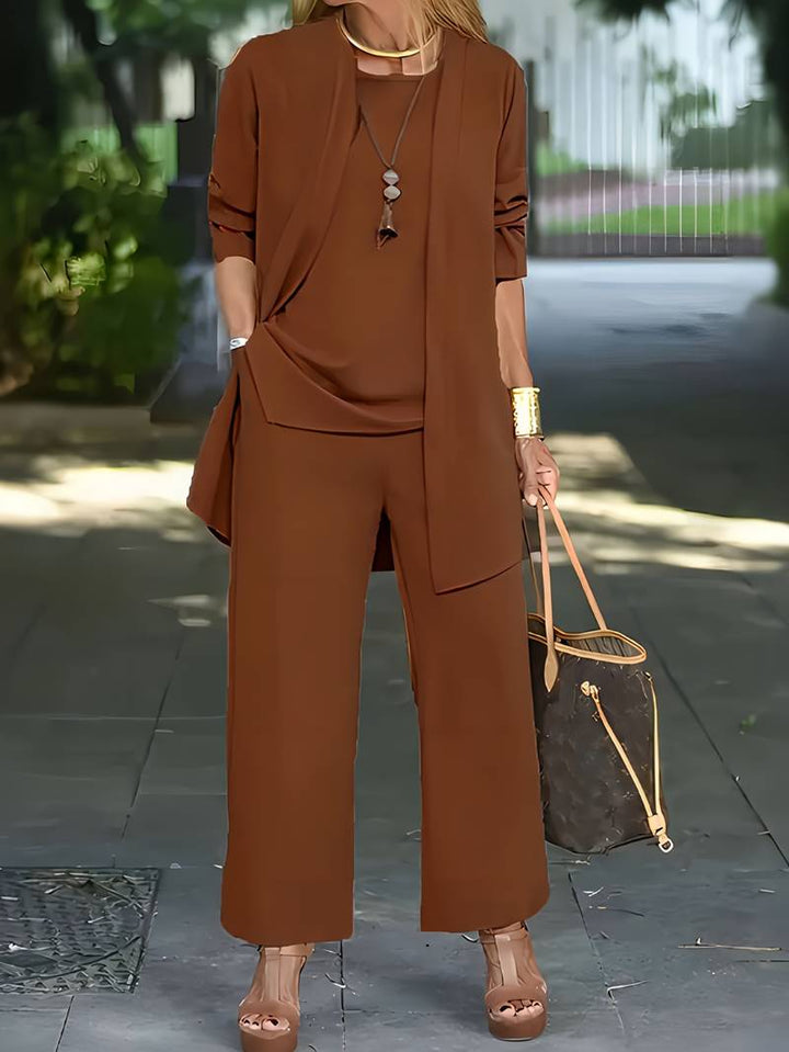 Women's matching 3-piece set: round neck long sleeve top, wide-leg pants. Everyday casual outfit, versatile style.