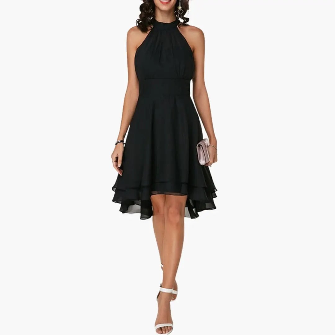 Women's round neck sleeveless ruffle dress, knee-length, elegant yet casual summer fashion. Straight fit.