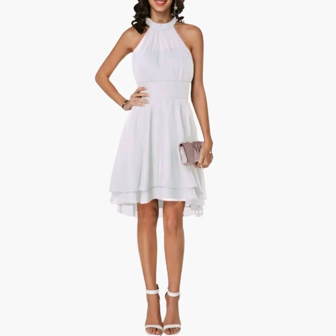Casual women's summer ruffle dress, sleeveless with a round neck. Knee-length and elegant for versatile styling.