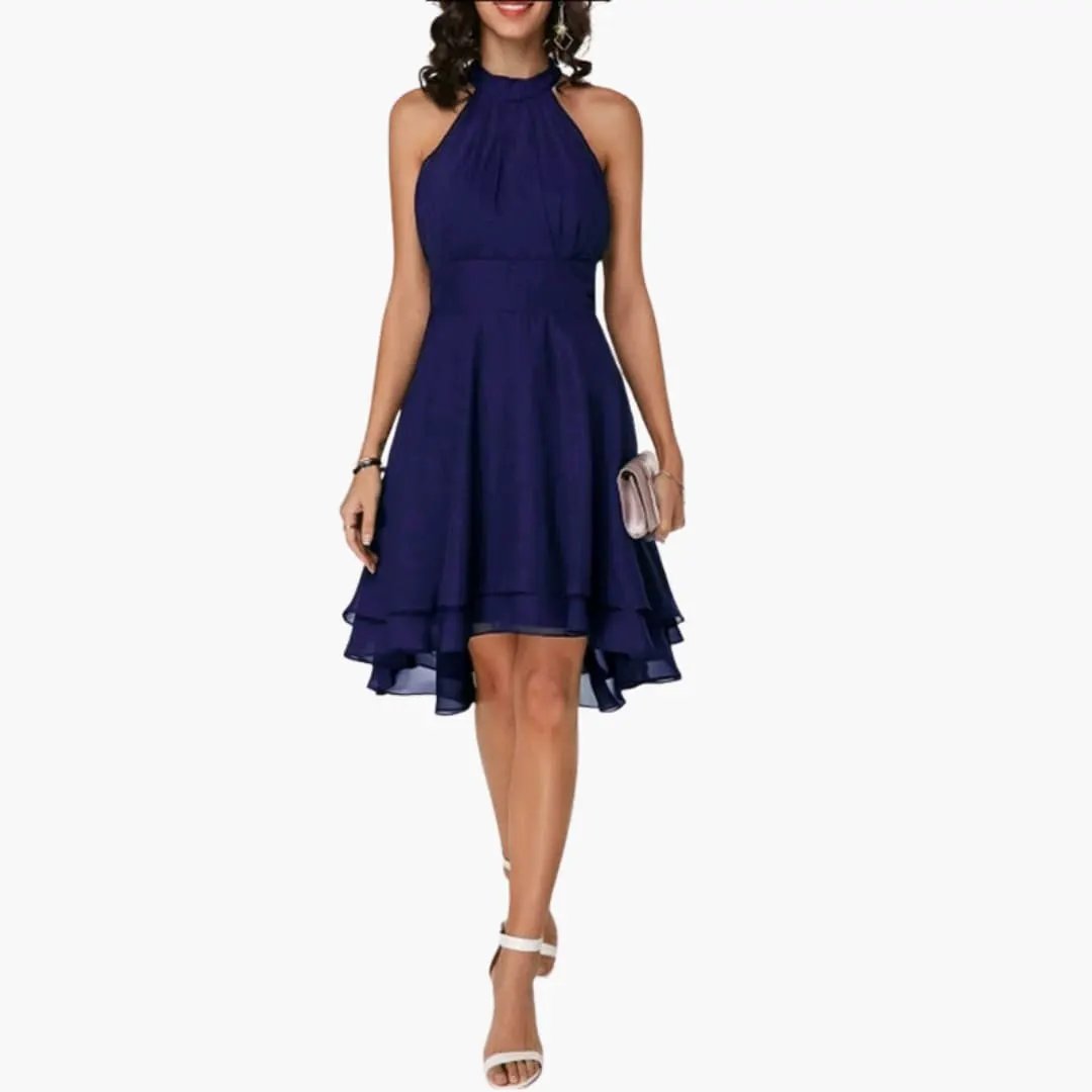 Fashionable women's straight fit ruffle dress, sleeveless, round neck, knee-length. Great for summer elegance.