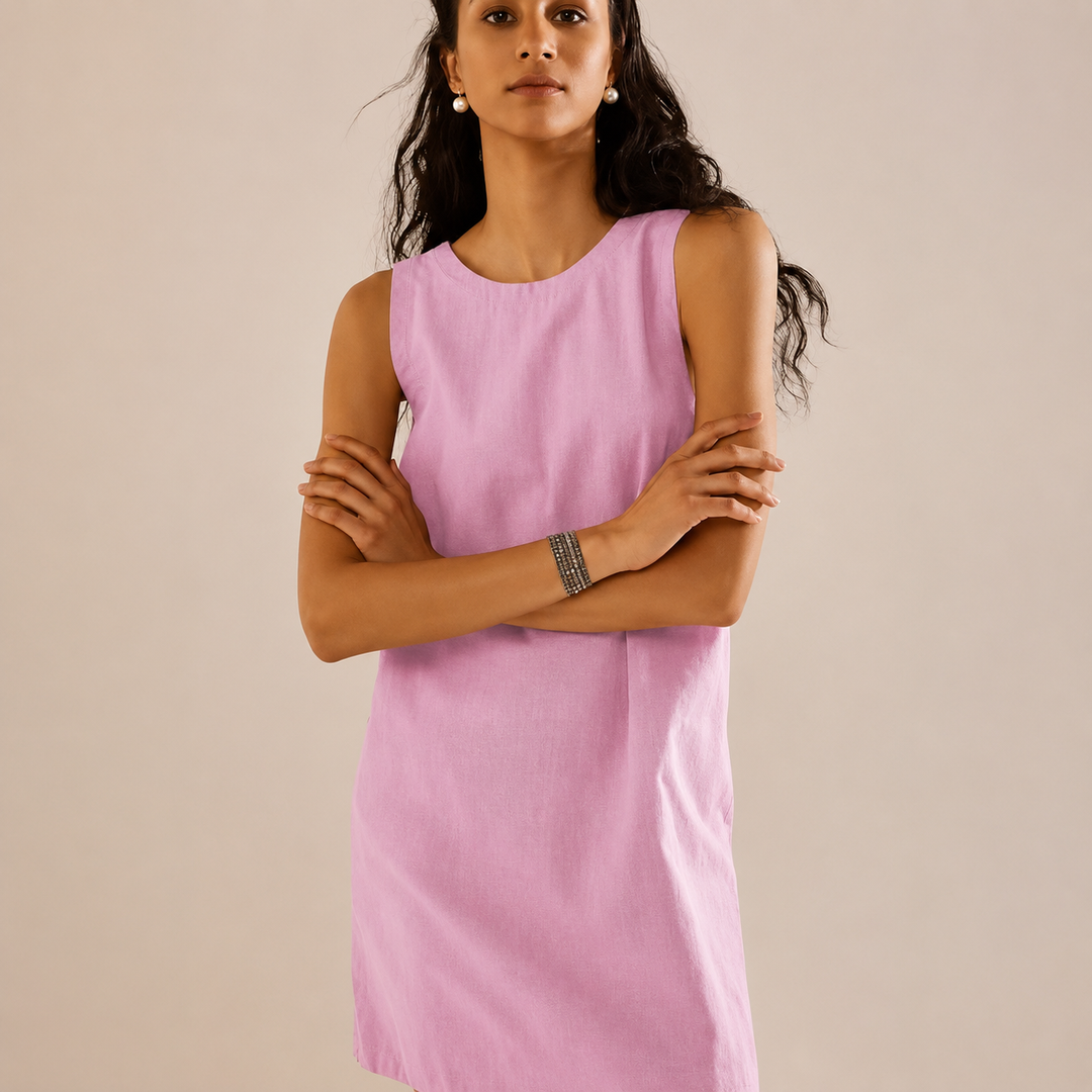 Soft, lightweight women's round neck sleeveless shift mini dress, a comfortable choice for casual summer outings.
