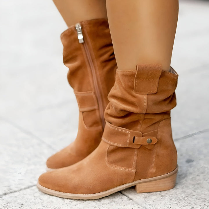 Stylish women's ruched ankle boots, perfect for fall/winter, with side zip & cushioned comfort.