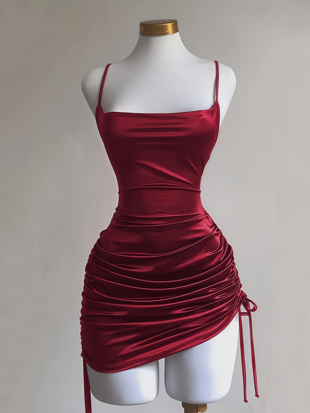 Women's ruched drawstring mini homecoming dress in red, perfect for parties & special occasions.