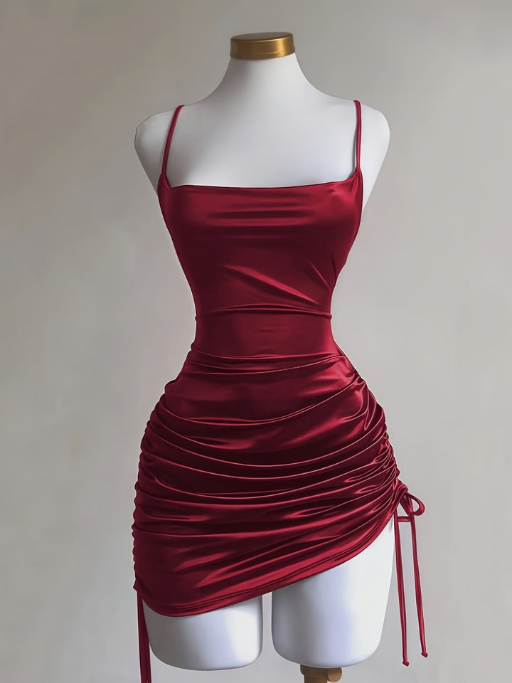 Women's ruched drawstring mini homecoming dress in red, perfect for parties & special occasions.