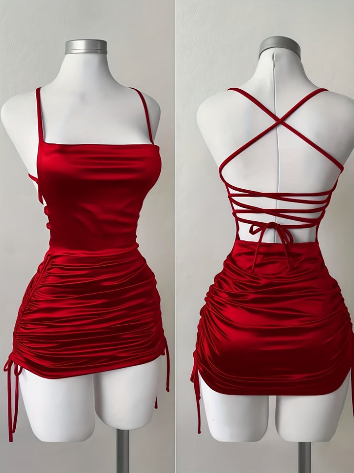 Green women's bodycon mini party dress, ruched drawstring design for a flattering fit.