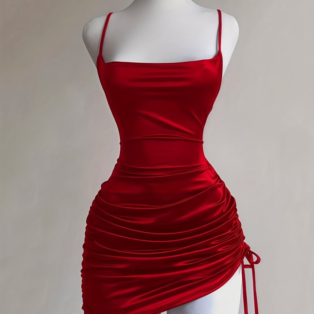 Classic black women's ruched mini homecoming dress, versatile for parties & formal events.