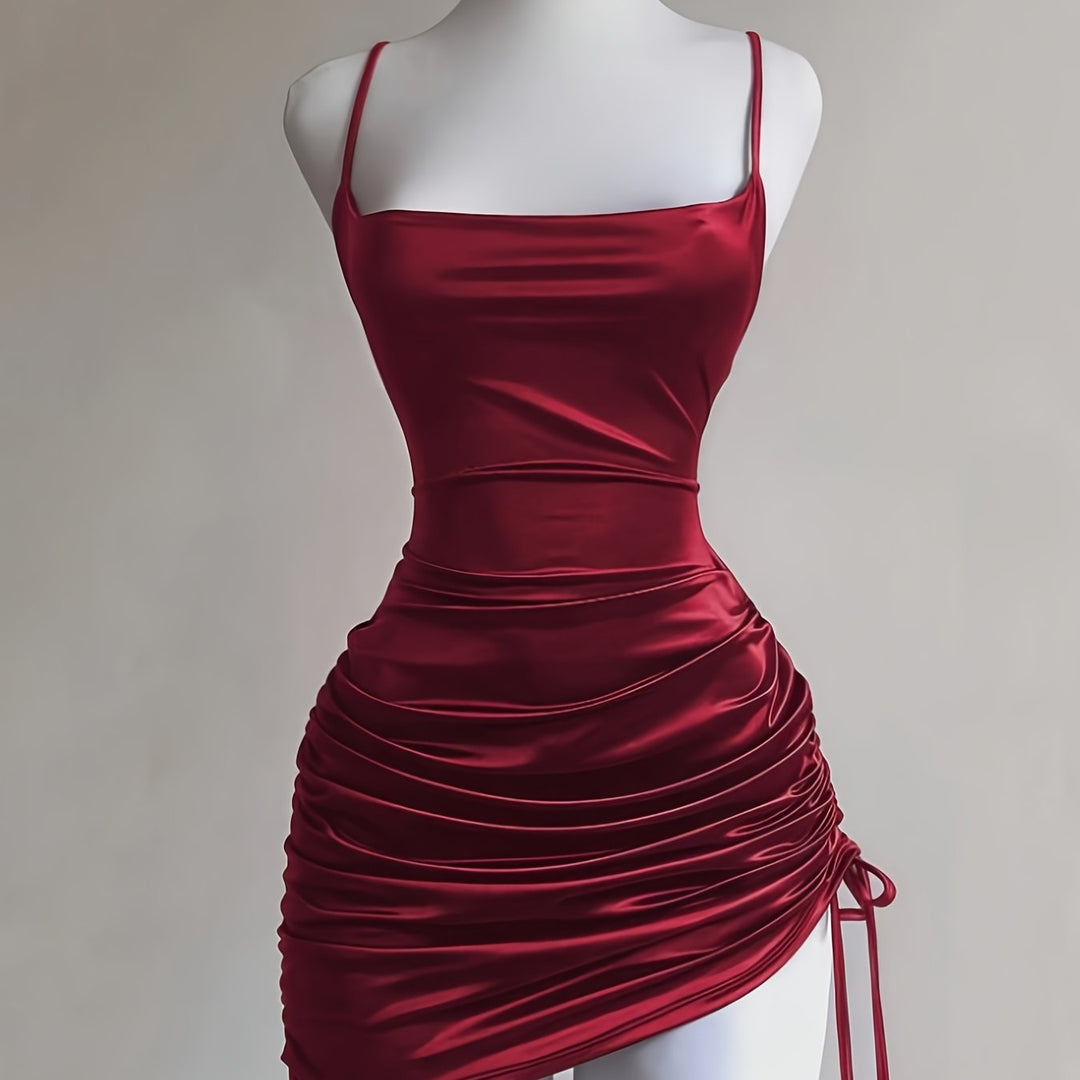 Stylish women's pink ruched drawstring mini dress, a chic option for homecoming or parties.