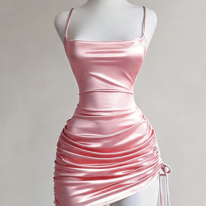 Bodycon ruched mini dress for women in burgundy, with drawstring detail for a custom fit.