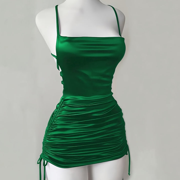 Women's green ruched mini party dress, featuring a drawstring for an adjustable, flattering silhouette.