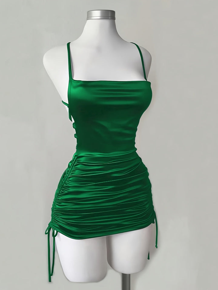 Black bodycon ruched mini dress for women, elegant homecoming or cocktail party attire.