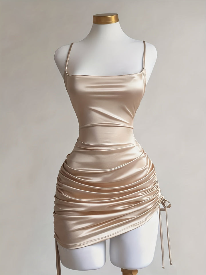 Burgundy women's ruched mini party dress with adjustable drawstring, ideal for evening events.
