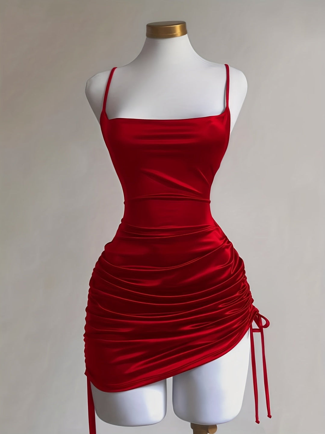 Chic pink women's ruched drawstring mini dress, perfect for homecoming or special occasions.