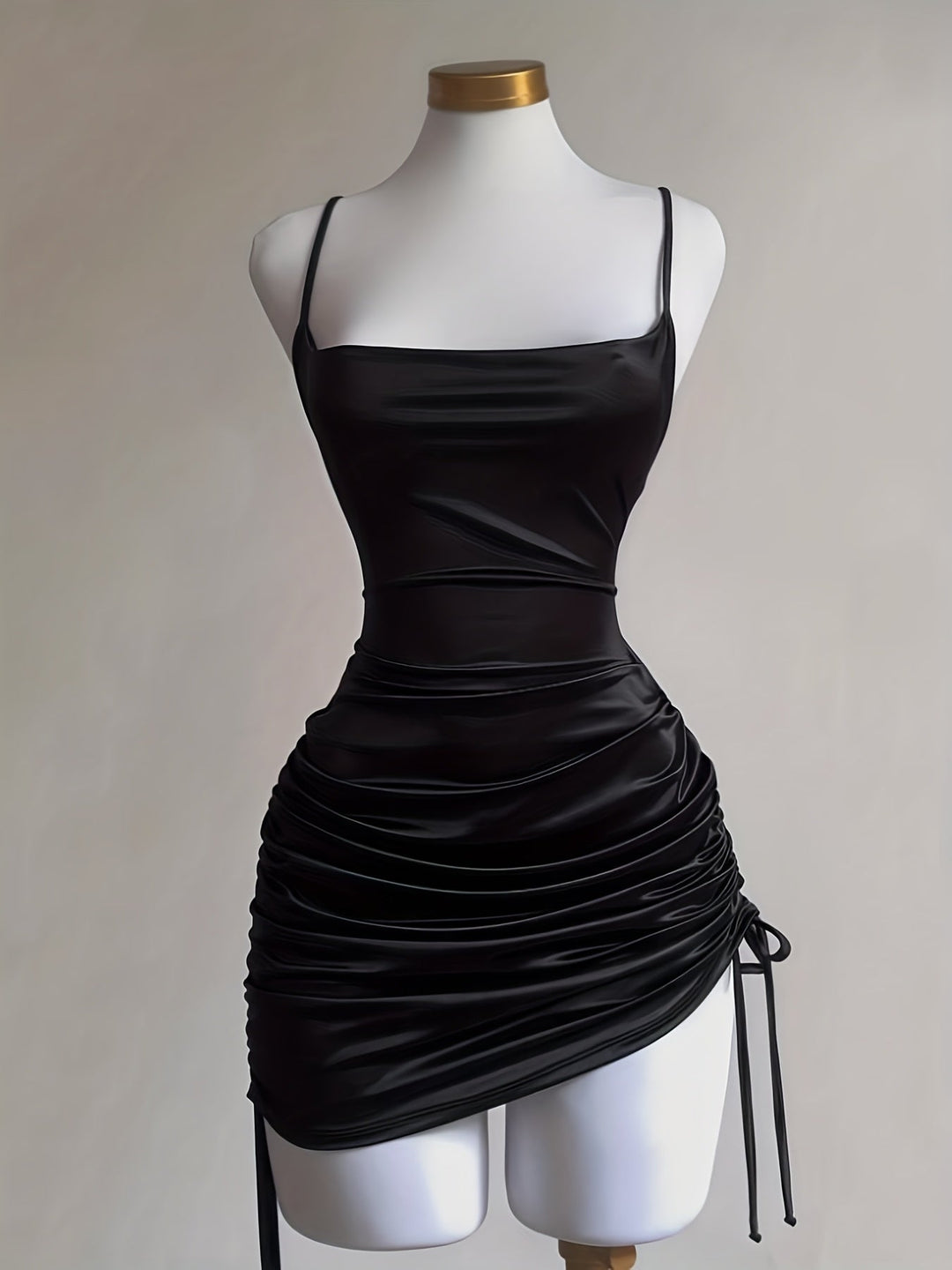 Green women's bodycon ruched mini dress, stylish party wear with an adjustable drawstring.