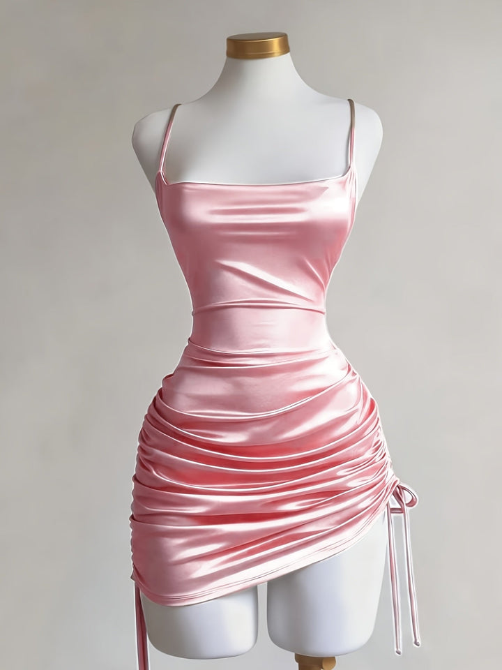 Red women's homecoming dress, ruched mini length with a flattering drawstring detail.