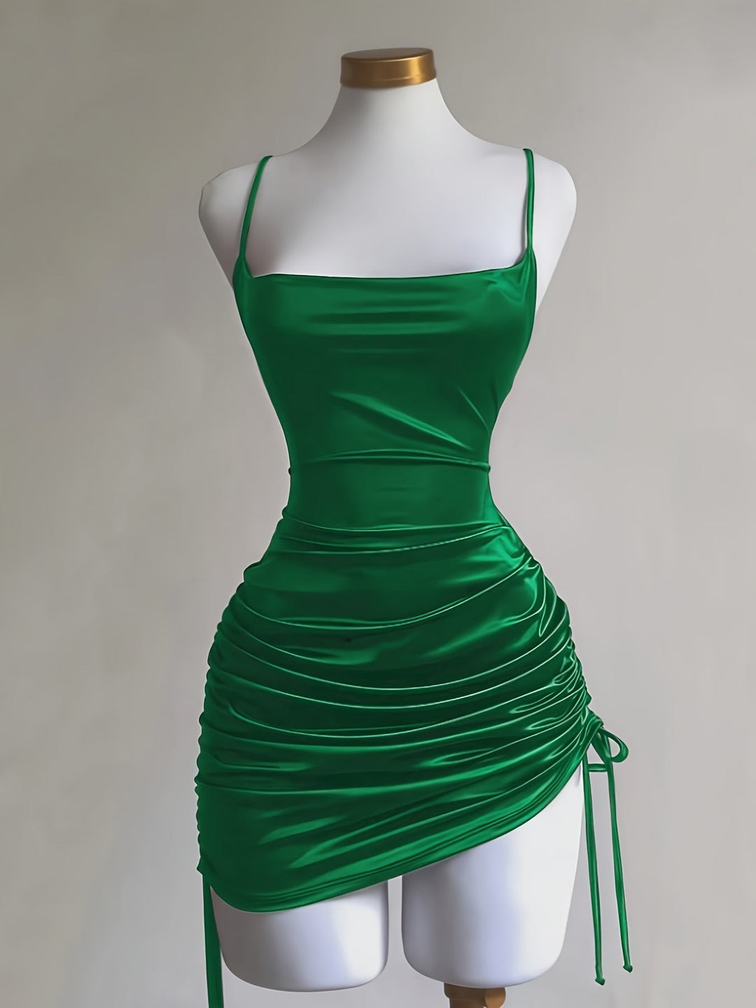 Elegant black ruched drawstring mini dress for women, ideal for cocktail parties & evenings.