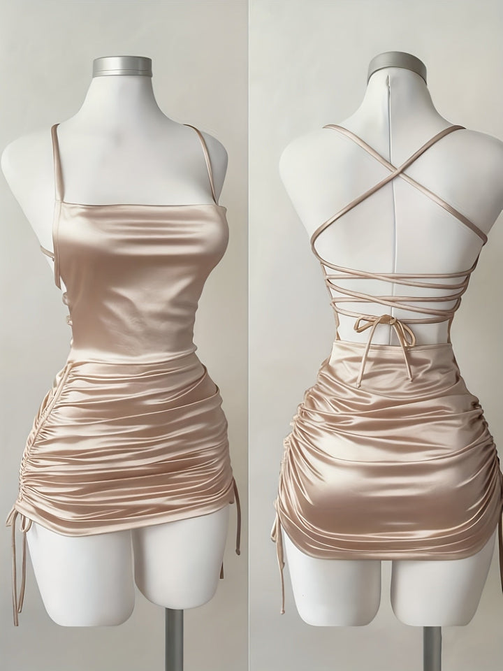 Pink women's mini dress, ruched bodycon fit with adjustable drawstring, perfect for homecoming.