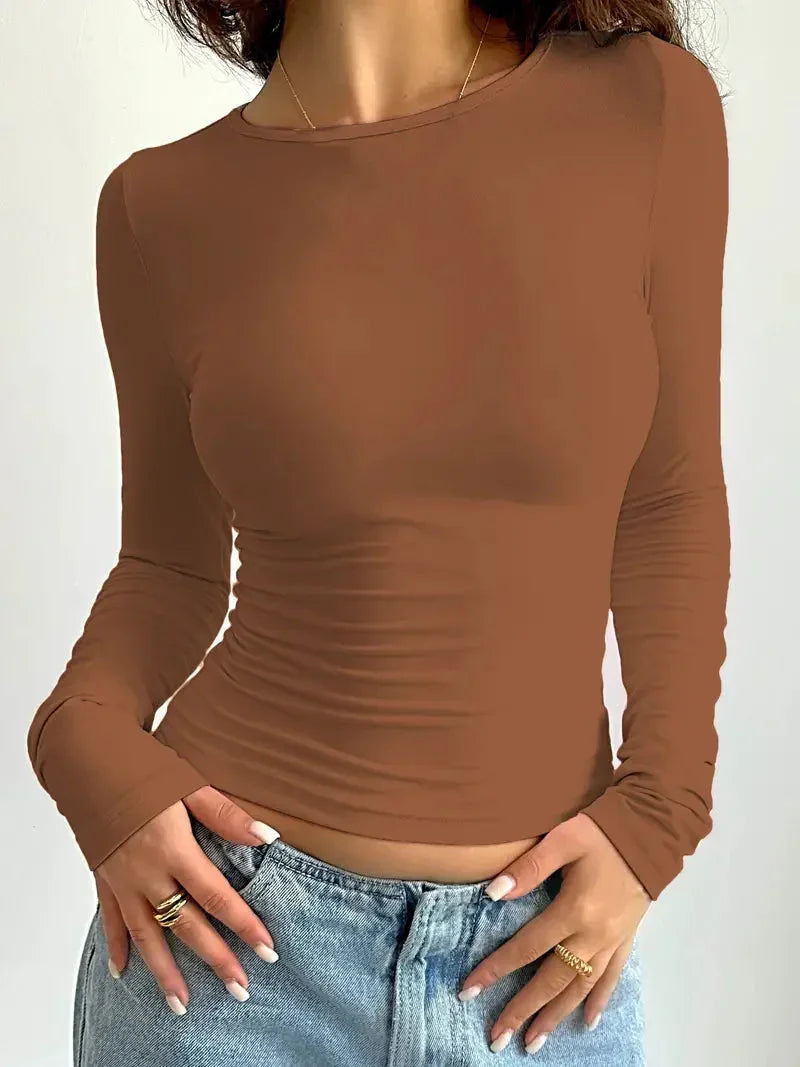 Everyday fashion women's ruched long sleeve crew neck top, fitted and stylish for a chic look.