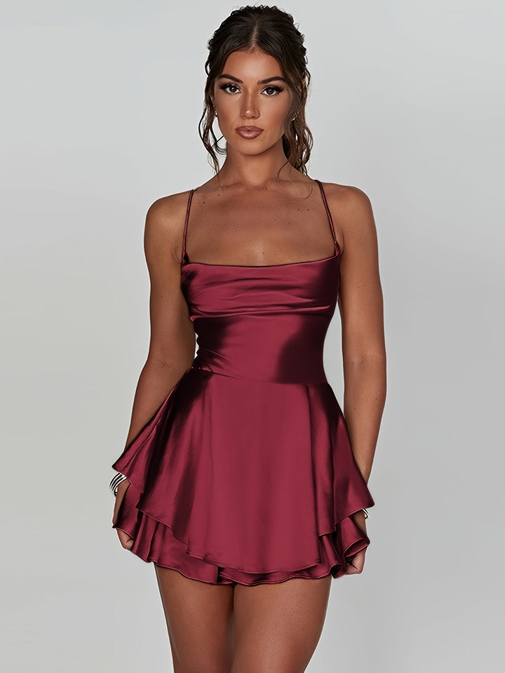 Women's ruched tiered mini homecoming dress with fit & flare silhouette.