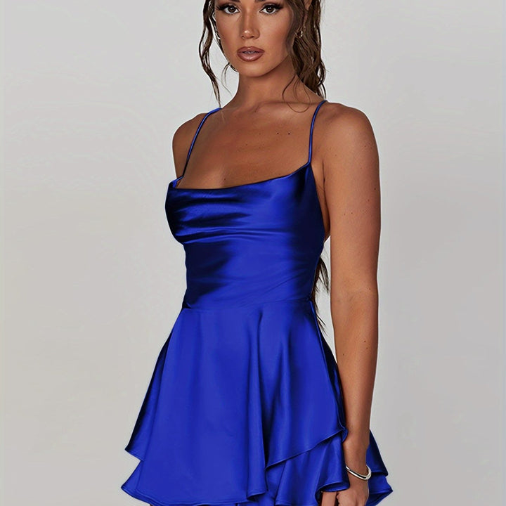 Adjustable strap ruched tiered mini dress, a perfect homecoming choice.