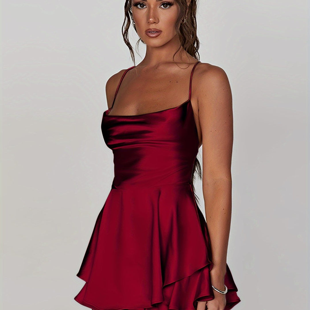 Women's cocktail ruched tiered mini dress, stylish for any special event.