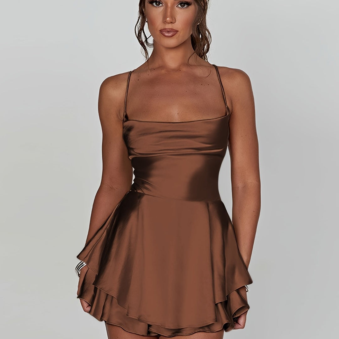 Elegant women's homecoming dress, featuring ruched bodice and tiered skirt.