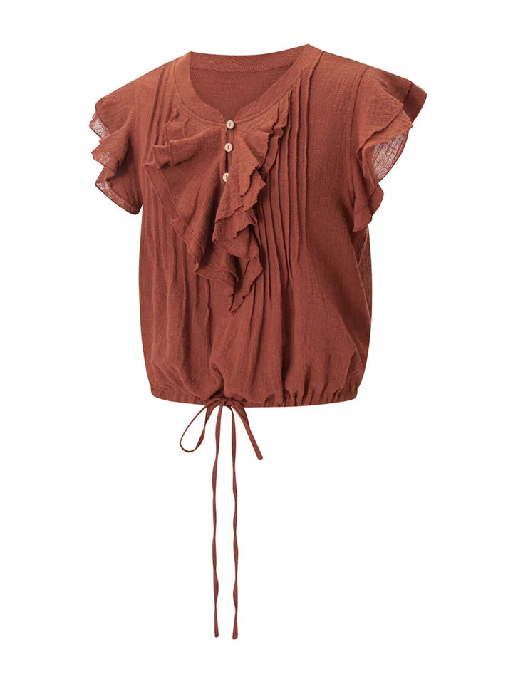 Women's summer crop top, featuring a flattering ruffle front and flowy design.