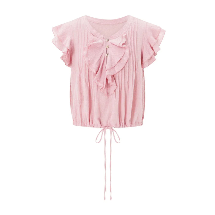 Women's ruffle front button-down crop top, chic and comfortable for summer.